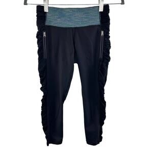 Y2K Lululemon Black Green Waist Ruched Capri Cropped Athletic Leggings Size 4